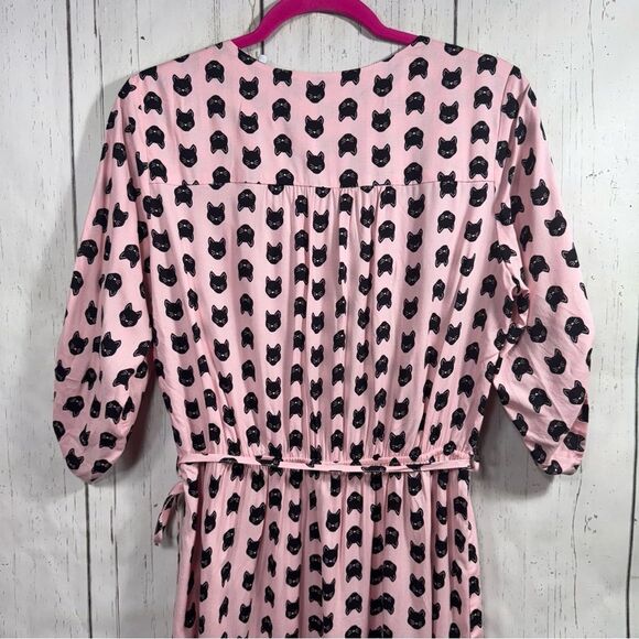 Mimi Chica Womens Cat Print Button Down Pink Black V Neck Belted Mini Dress - Picture 13 of 16